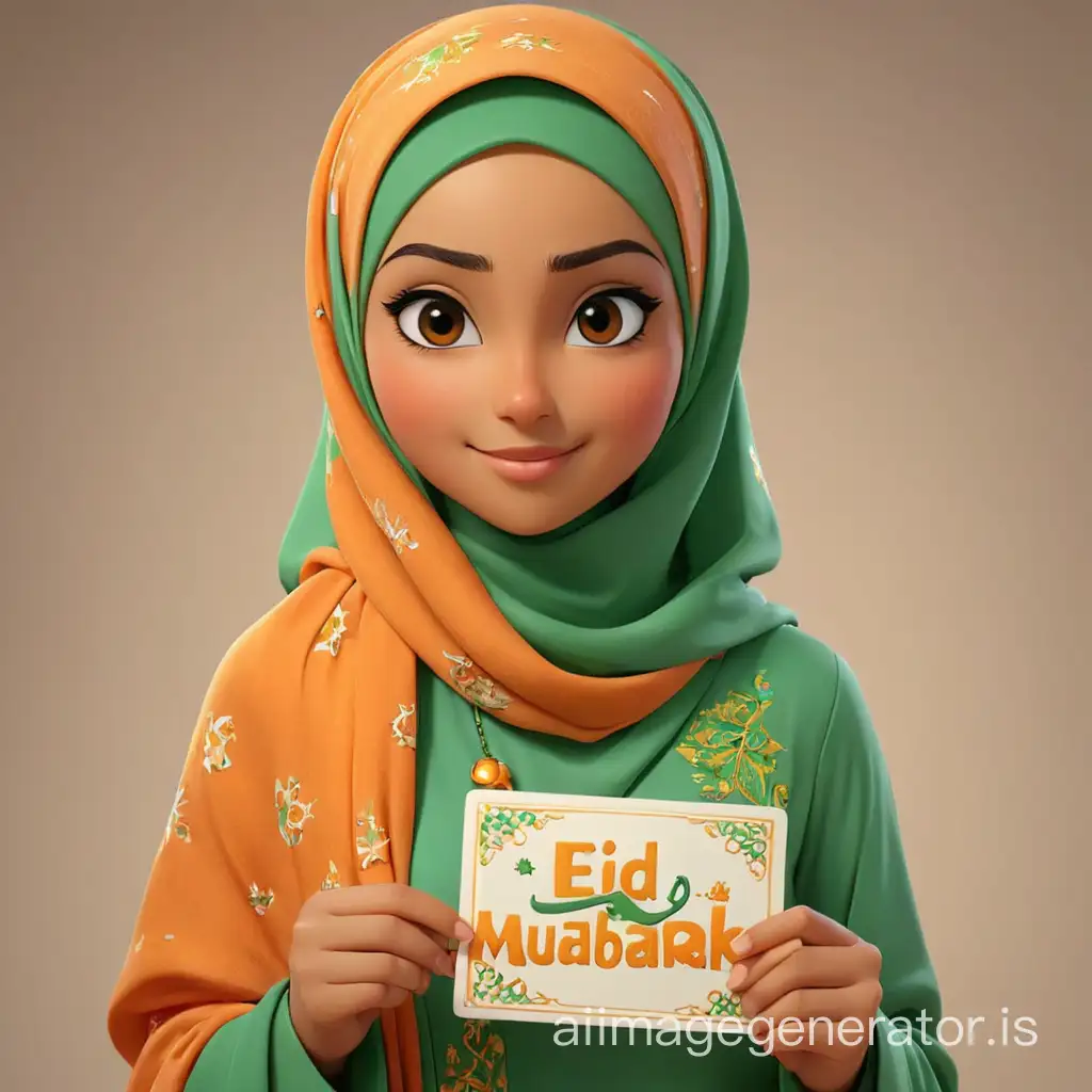 A 3d image for a tennage girl with hijab holding a card says " EID MUBARAK  Jana" with orange and green colours