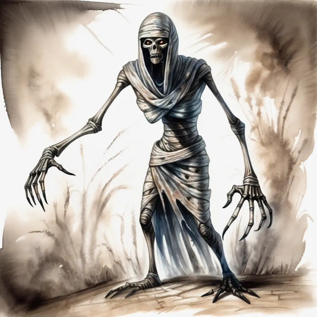 creepy dark tall mummy attacking, dark watercolor drawing, no background