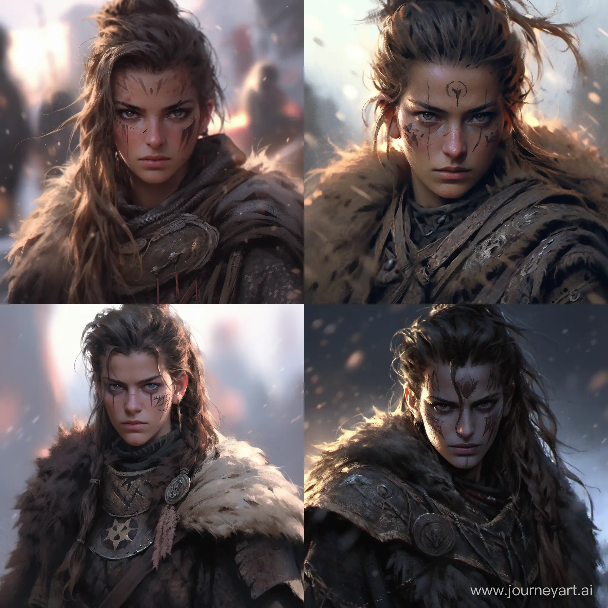 30 year old dark hair female warrior, viking, character concept, highly detailed, gold glowing eye, golden scar under left eye, woolen fur coat, demonic, waving hair, intricate, facial tribe tattoo, intricate, ethereal, cinematic, artstation, hyper detailed, high detail, weta digital, ray trace, Unreal Engine, Zbrush, beautifully lit, glow, cinematic, soft light, detailed, photorealistic, volumetric, intricate, high detail, realistic, glossy, cgi, photobash, 8k post - production, masterpiece --niji 5 —s 750