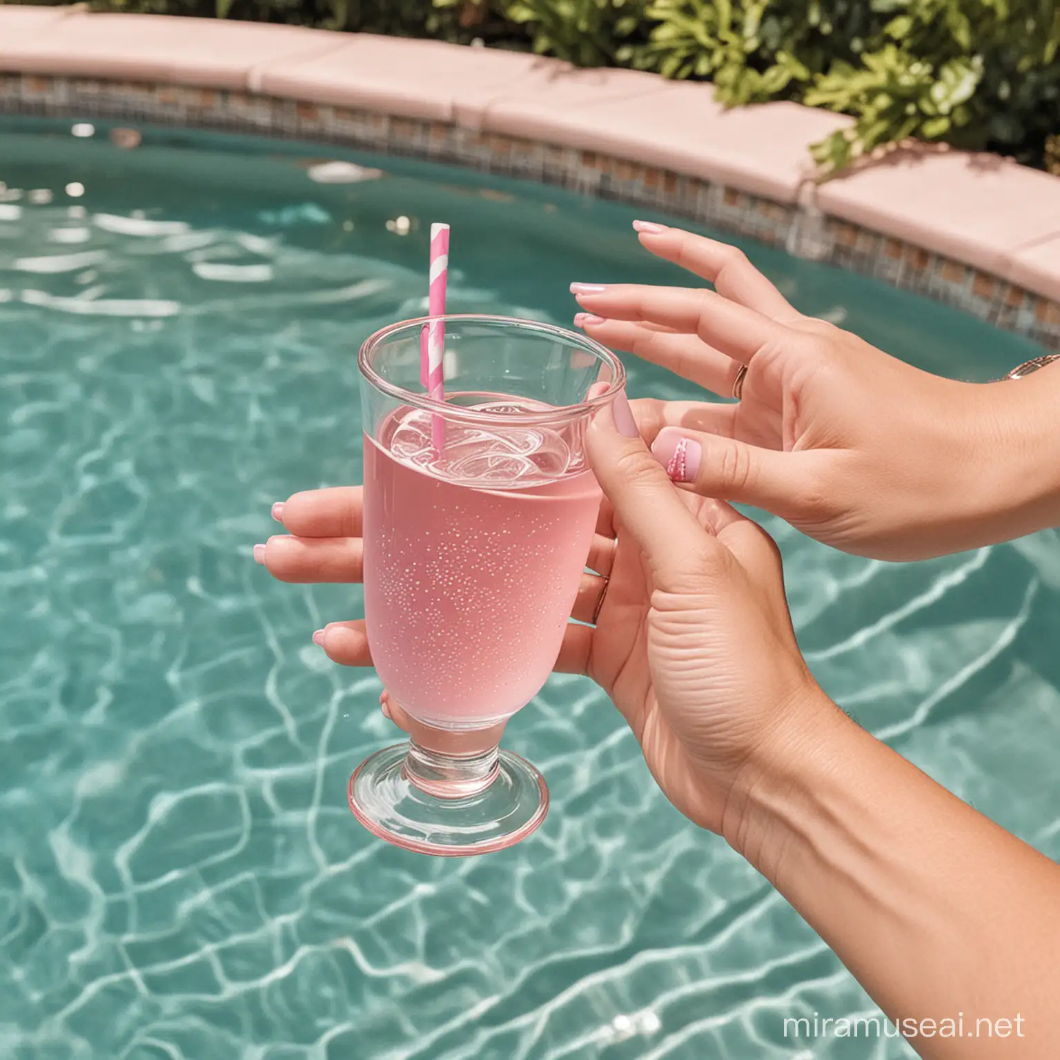 Pool party pink decor with  a hand holding a shot glass forward