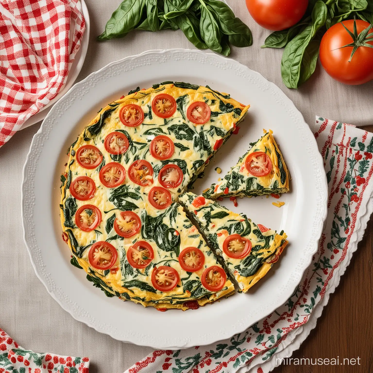 sliced Spinach and Tomato Frittata in a plate on a table with a nice tablecloth