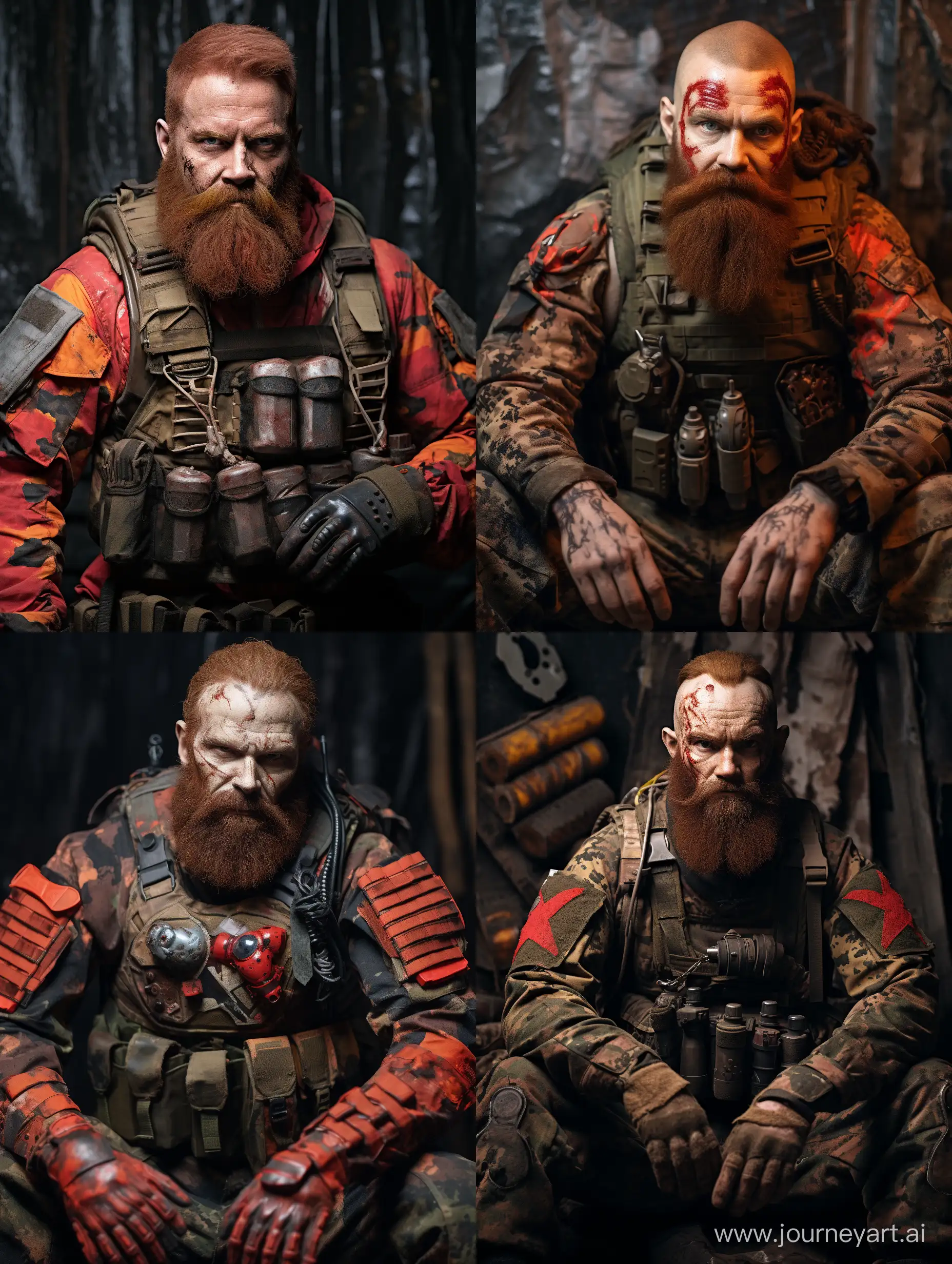 human in Tropentarn red army uniform, atomic heart man 45-year-old with red beard, full body, Tropentarn camouflage tight, Photos 8K, highly detailed, post-apocalypse Sci-fi uniform, solo, no weapon