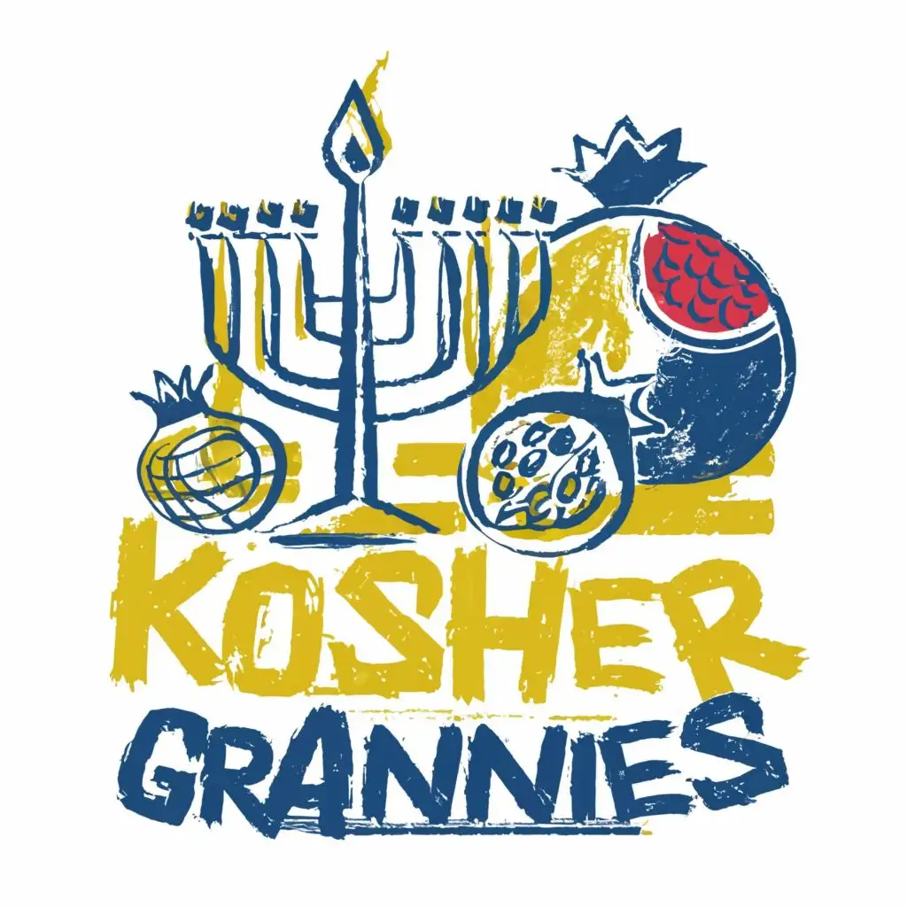 LOGO-Design-For-Kosher-Grannies-Vibrant-Yellow-Blue-Palette-with-Pomegranate-and-Menorah-Accents