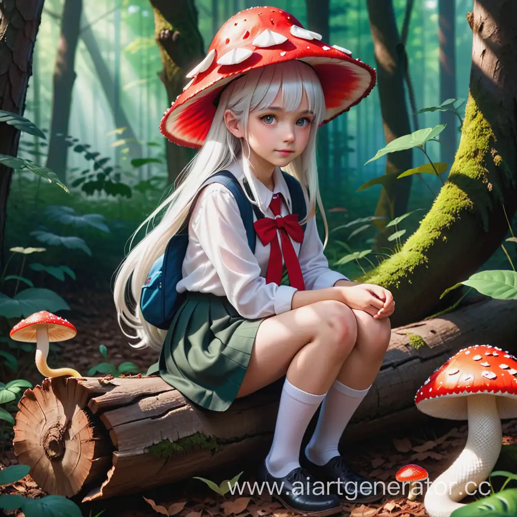 A white-haired girl is sitting in the forest on a fallen log. She's wearing a fly agaric hat and a school uniform. A snake is crawling along the girl's arm.