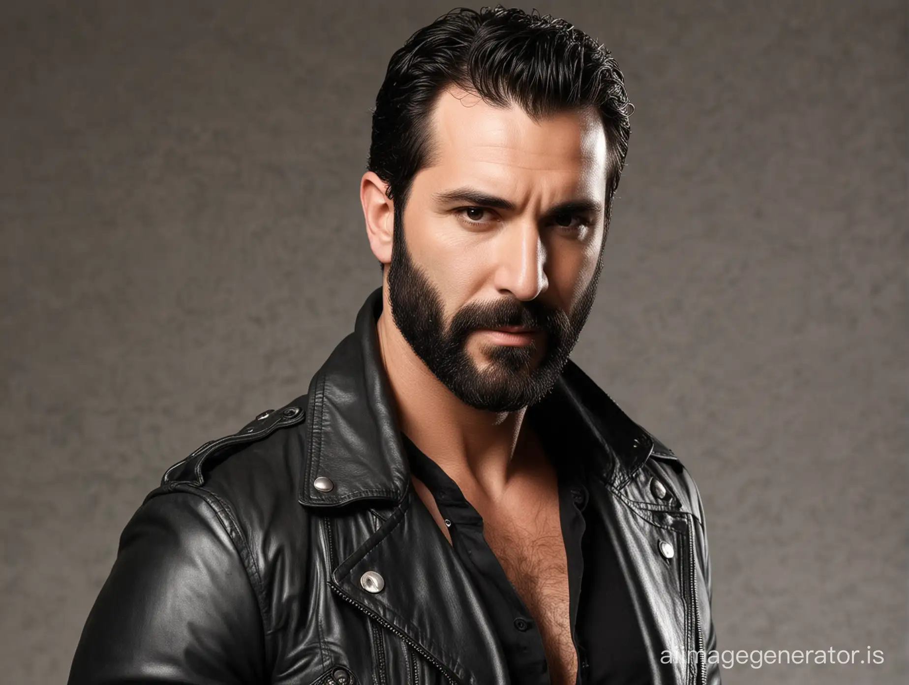 hot and sexy charles dera
 in fuller beard enjoying in leather jacket
