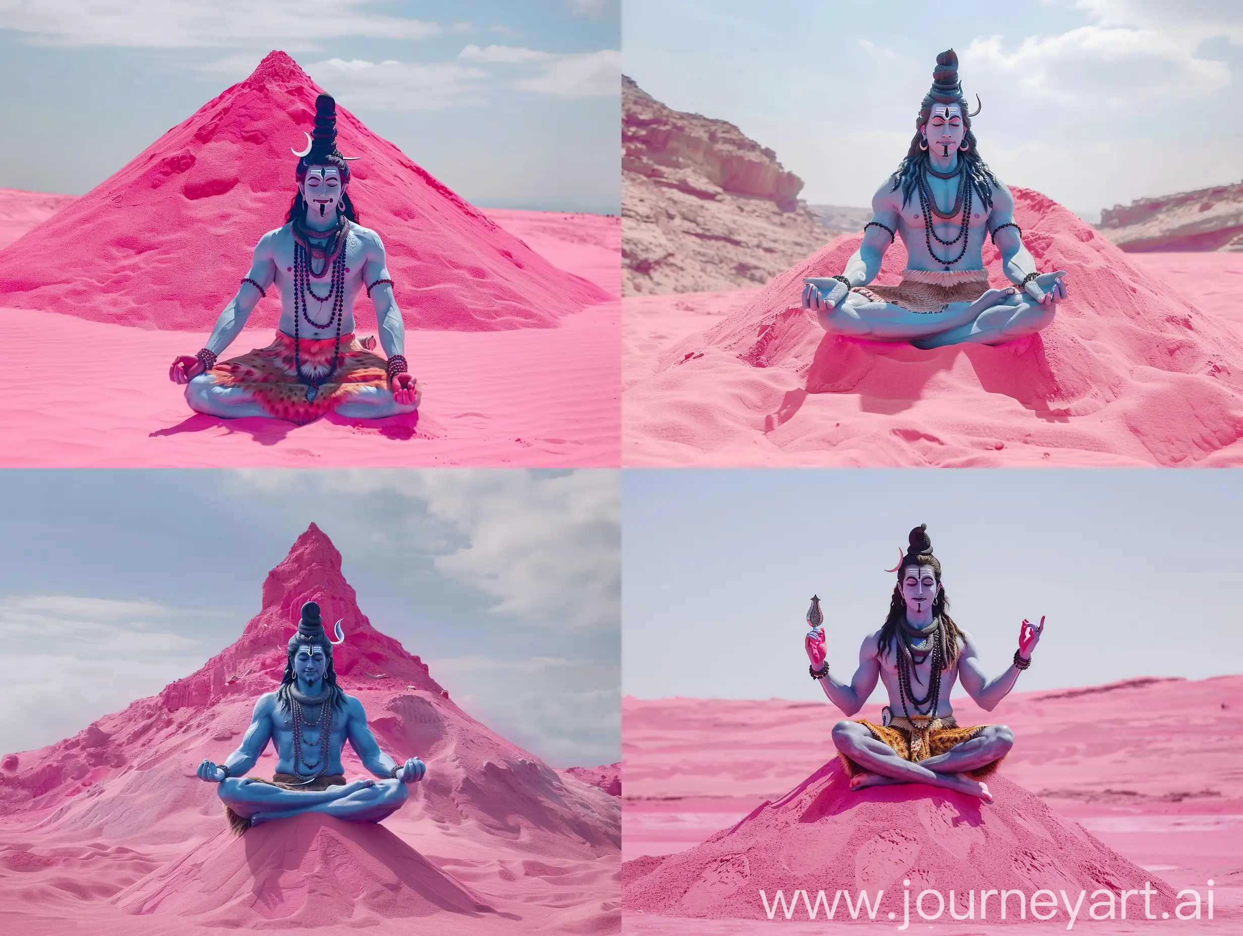 Realistic lord Shiva meditating on a pink colored sand mountain  standing on one leg medium distance shot