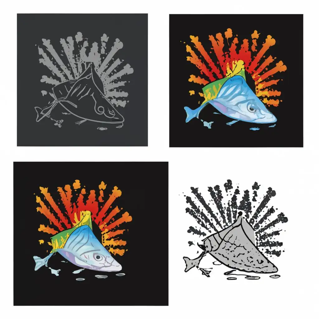 Let’s make a logo. From left to right:  an exploding nuclear power plant creates explosive particles which flow towards a vertical dead fish. All these are in black&white. Then when the particles make it to the fish, they get refracted (as if light into a prism) and after the fish they flow as the colors of the rainbow. 