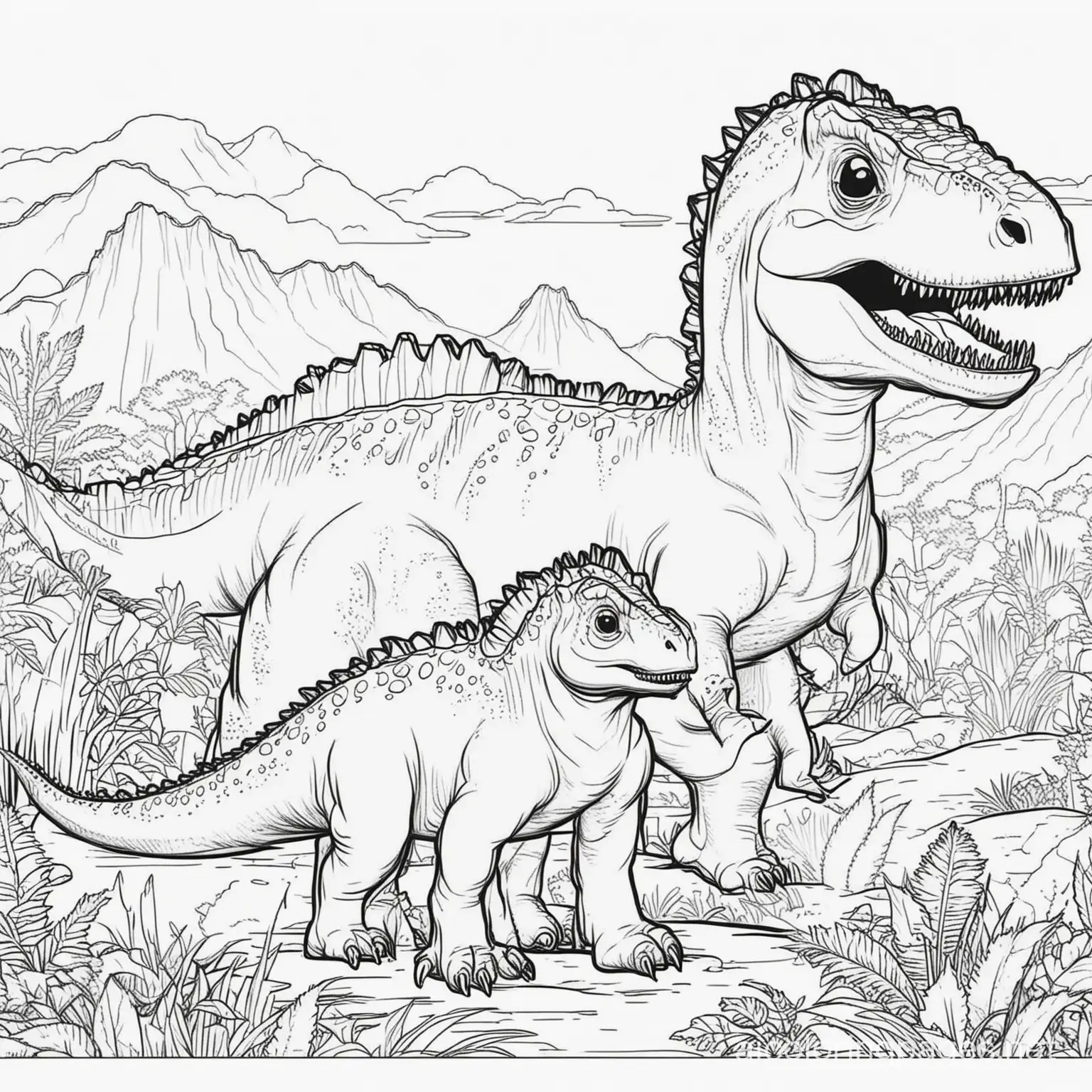 Dinosaurs, Coloring Page, black and white, line art, white background, Simplicity, Ample White Space. The background of the coloring page is plain white to make it easy for young children to color within the lines. The outlines of all the subjects are easy to distinguish, making it simple for kids to color without too much difficulty