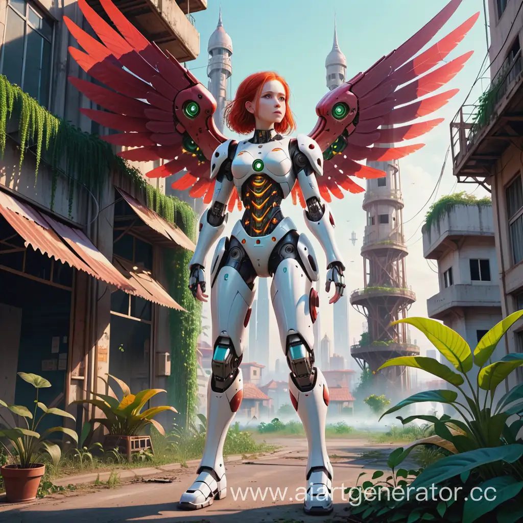 An abandoned city that is invaded by plants. People have long been extinct and only empty structures and abandoned cars remind of them. A red-haired cyborg girl with robotic wings stands and looks at the former civilization