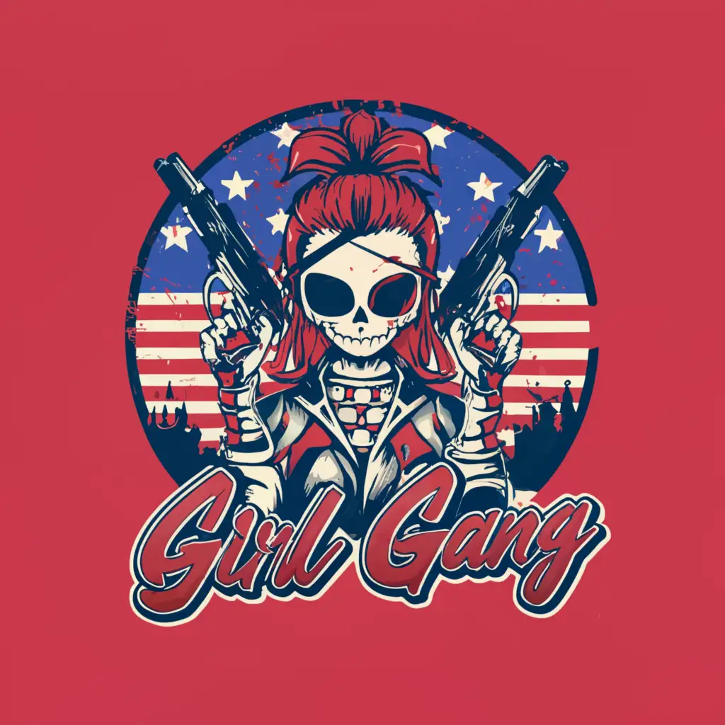 a logo design,with the text "Girl Gang", main symbol:Charlie's Angels, bright colors, guns, skeletons, American flag, sunglasses, bricks,Moderate,be used in Travel industry,clear background