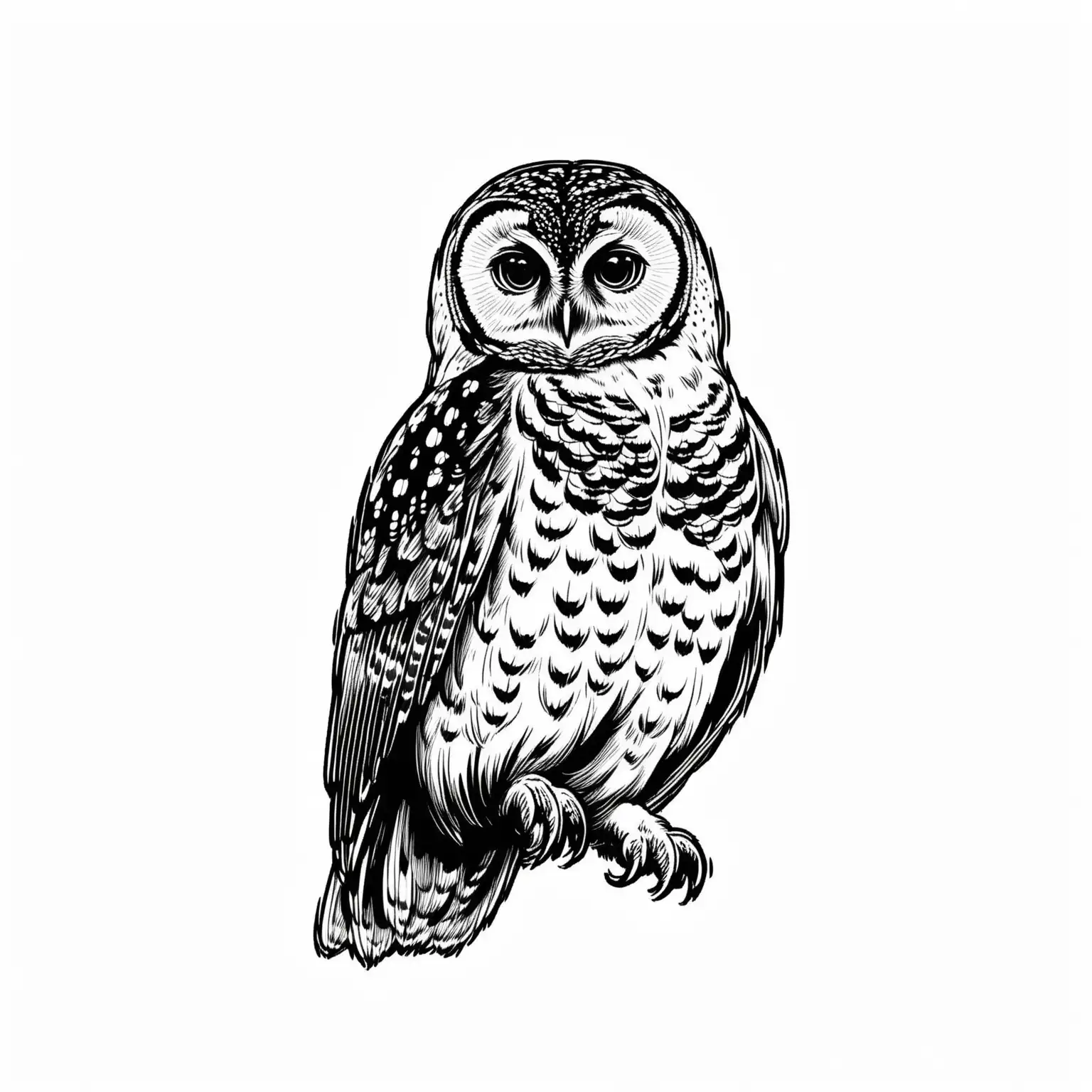 black and white outlines of northern spotted owl on white background full body