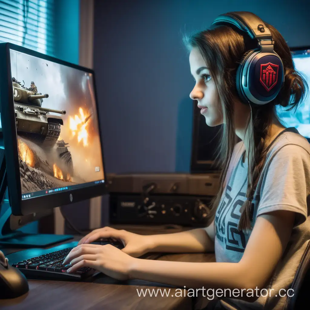 Brunette-Girl-Playing-World-of-Tanks-on-Computer
