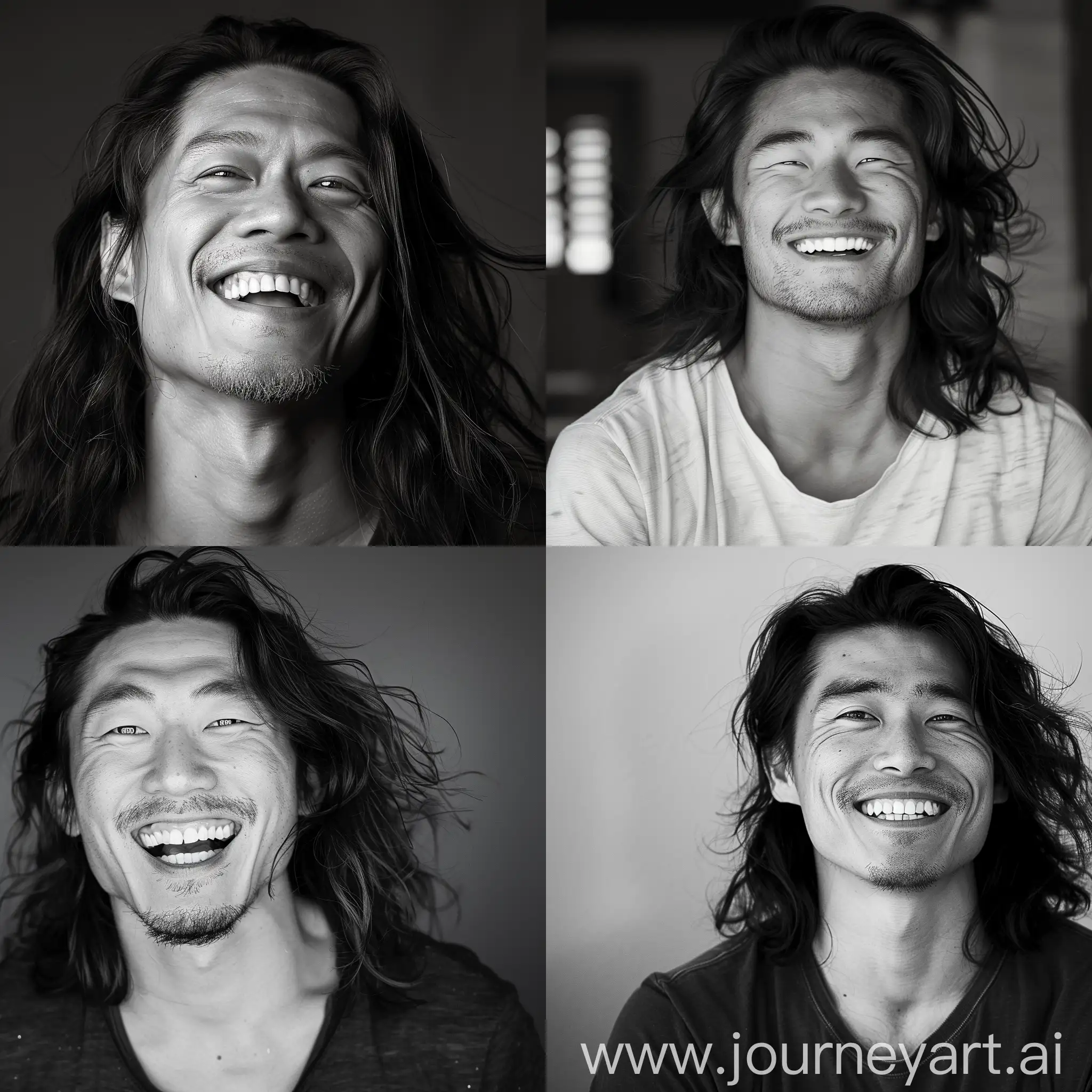 image of an Asian man, long hair, smiling triumphantly because he won the lottery