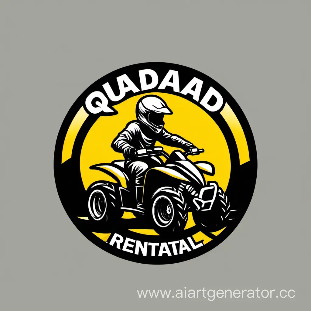 Logo for quad bike rental with a motorcycle racer in a helmet on a yellow and black quad bike in a minimalist style