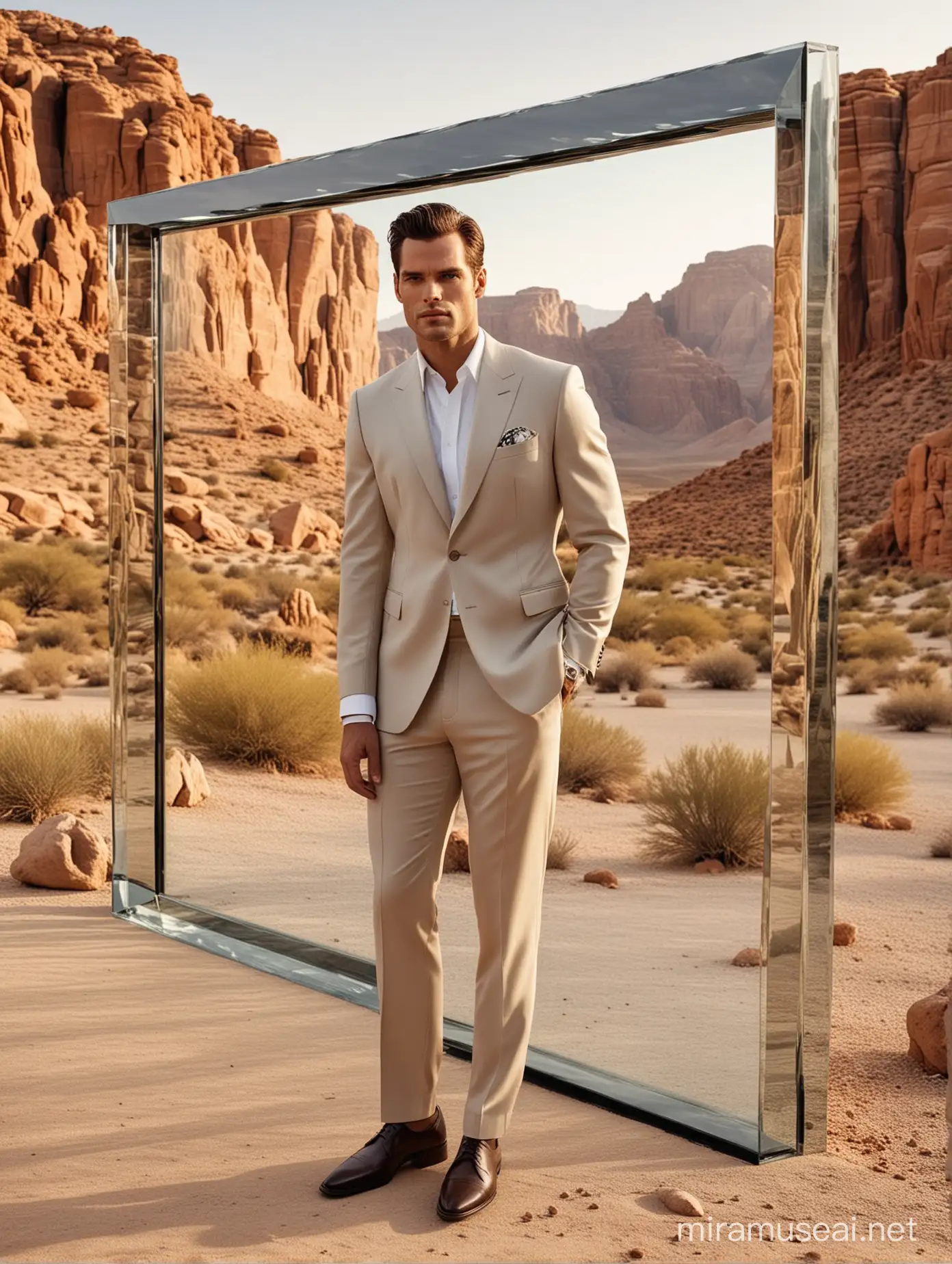 Title: "Desert Elegance: Hugo Boss's Exclusive Men's Fashion Campaign"
Photo taken indoors with glass facing outside and reflection in the glass. 
Nestled within the desert's captivating scenery, Hugo Boss presents its latest men's collection, marrying sophistication with the rugged allure of nature. Mark Vanderloo and Henry Cavill epitomize confidence in impeccably tailored suits, reminiscent of Hugo Boss's iconic style.

Amidst the desert backdrop, the campaign features structured blazers and sleek trousers, each piece reflecting Hugo Boss's unparalleled craftsmanship. The interplay of light and shadow accentuates the garments' luxurious textures, creating an atmosphere of refined elegance.
Glass house on the rock
As the sun casts its golden glow across the contemporary desert retreat, Hugo Boss invites you to experience the fusion of timeless sophistication and modern allure. Join us in embracing the essence of refined living amidst the desert's timeless beauty