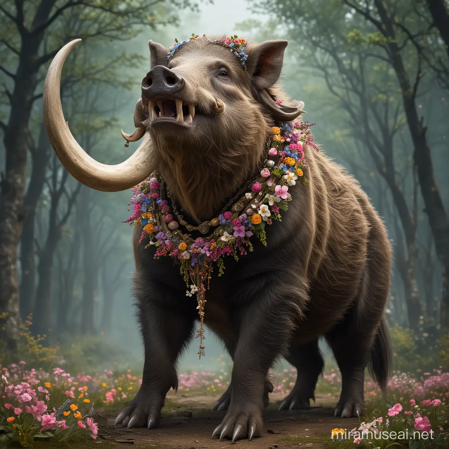 a majestic feywild boar with huge tusks,  that has a necklace of flowers.  full body image