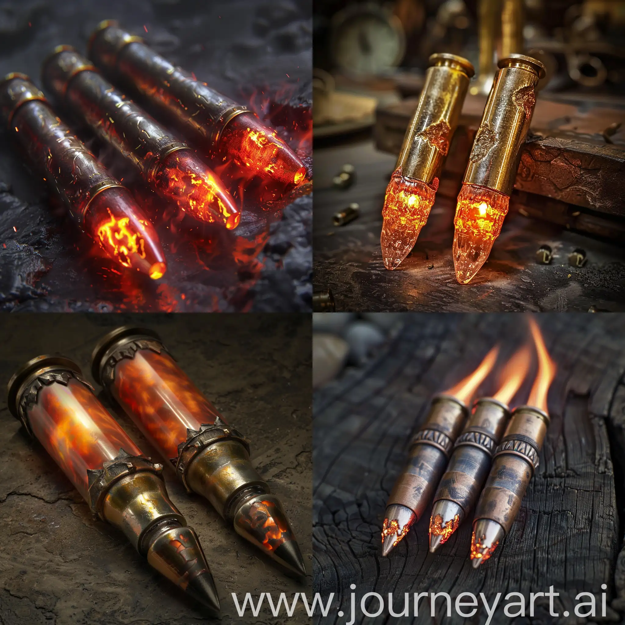 Bullets imbued in magical fire, capable of melting metal, inspired by a medieval aspect of dungeons and dragons --v 6 --ar 1:1 --no 56659