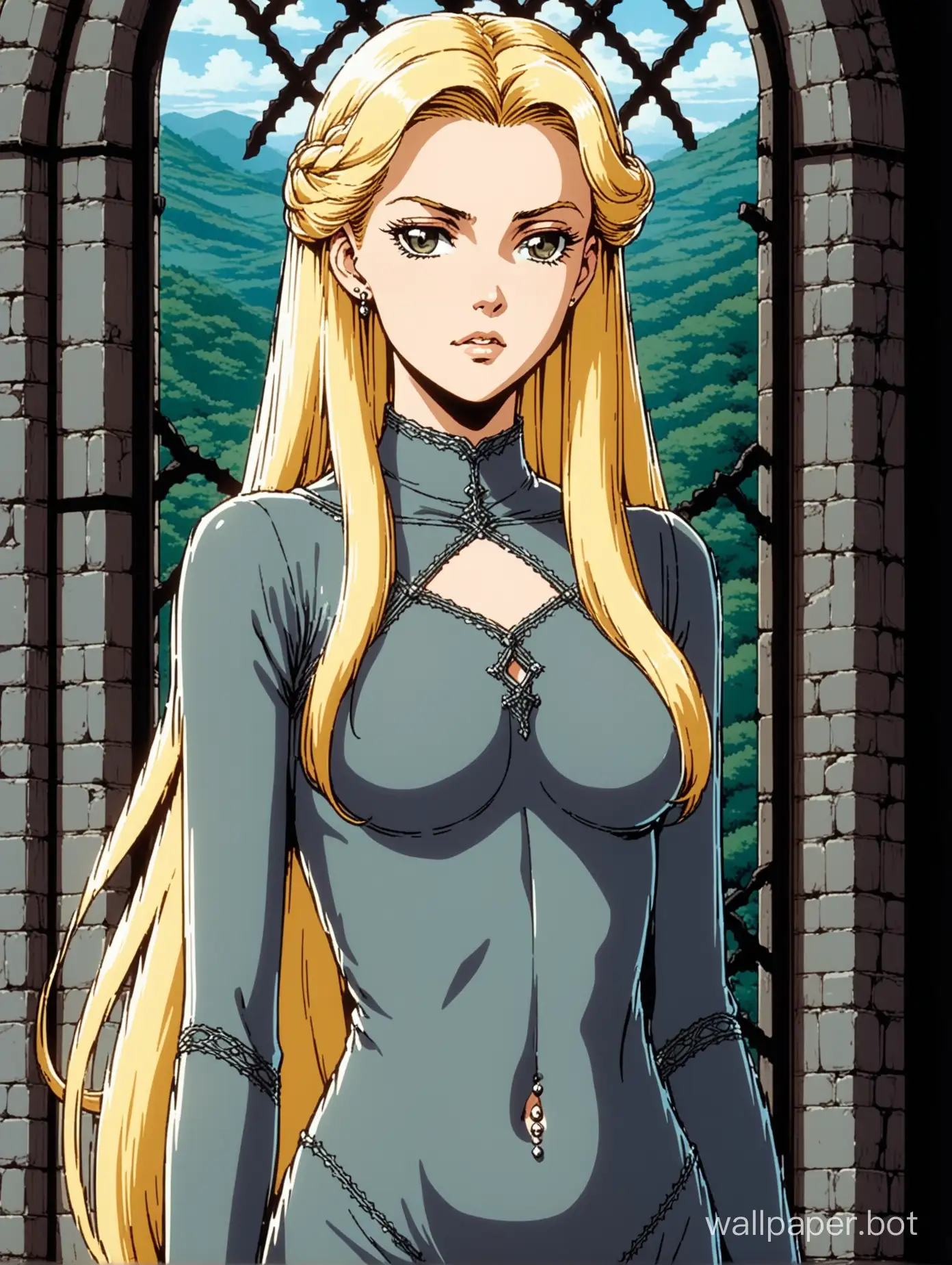 a young and attractive white woman, she has long wavy white-blonde hair, standing regally, elegant and slender, thin sharp face, kind and sullen expression, wearing a sheer thin dark grey skintight dress, navel window, wearing a navel piercing, decorative stitching, medieval elegance, 1980s retro anime