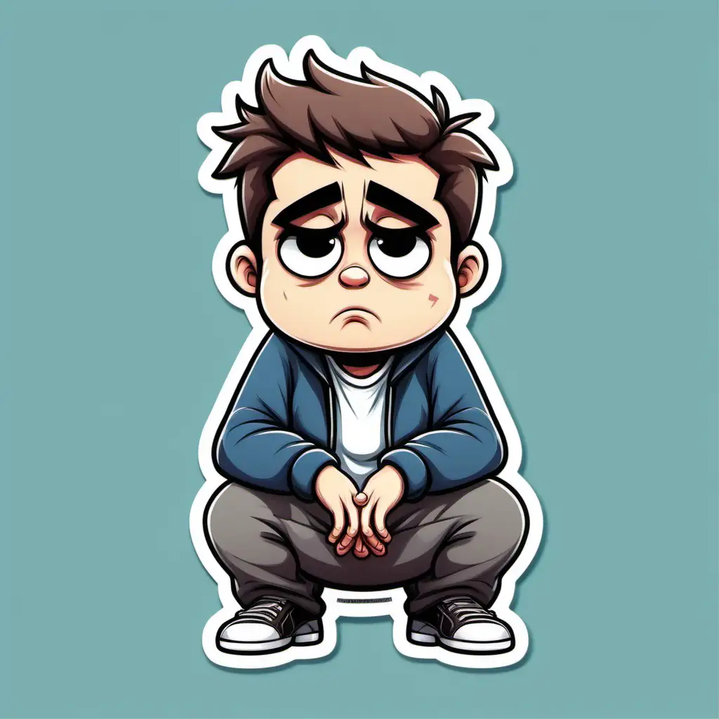 Sad Boy Cartoon Sticker Kneeling with Grumpy Expression
