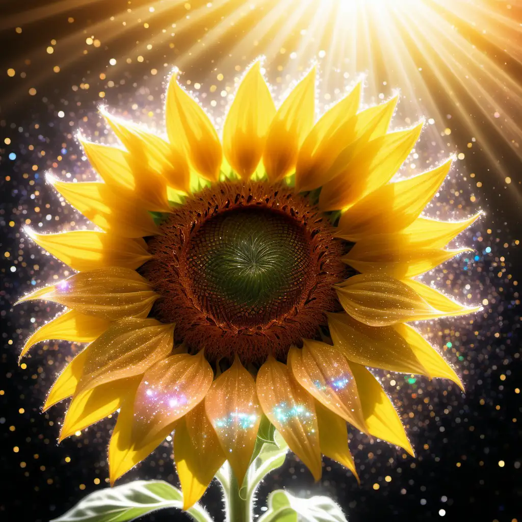 Beautiful front facing sunflower, sun rays, colorsplash background, glitter, glitter dust, glowing, sparklecore