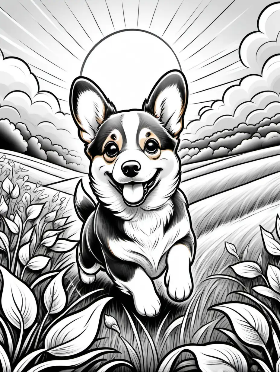 Generate an endearing and easy-to-color black-and-white line art illustration of a cute corgi puppy , all white, joyfully playing in a sunlit field for a delightful colouring page. Picture the puppy in a playful stride, with the sun casting a warm glow across the scene. Craft a lively and simple farm background, with swaying grass or blooming flowers. Aim for an overall heartwarming atmosphere that captures the energy and sweetness of the baby animal's playful run. The goal is to provide an exhilarating and accessible coloring experience for kids of various ages. Exclude intricate details, keeping the design charming and lively for a delightful coloring adventure 