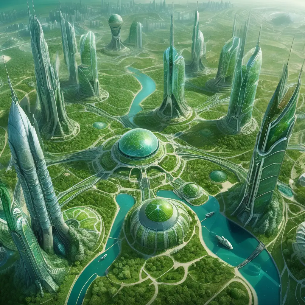 Futurist city in other planet, the civilitation survive for the plants and have a giants spaces of green parks, shot by a satellite with high quality camera, fantastic style, ultra detailed