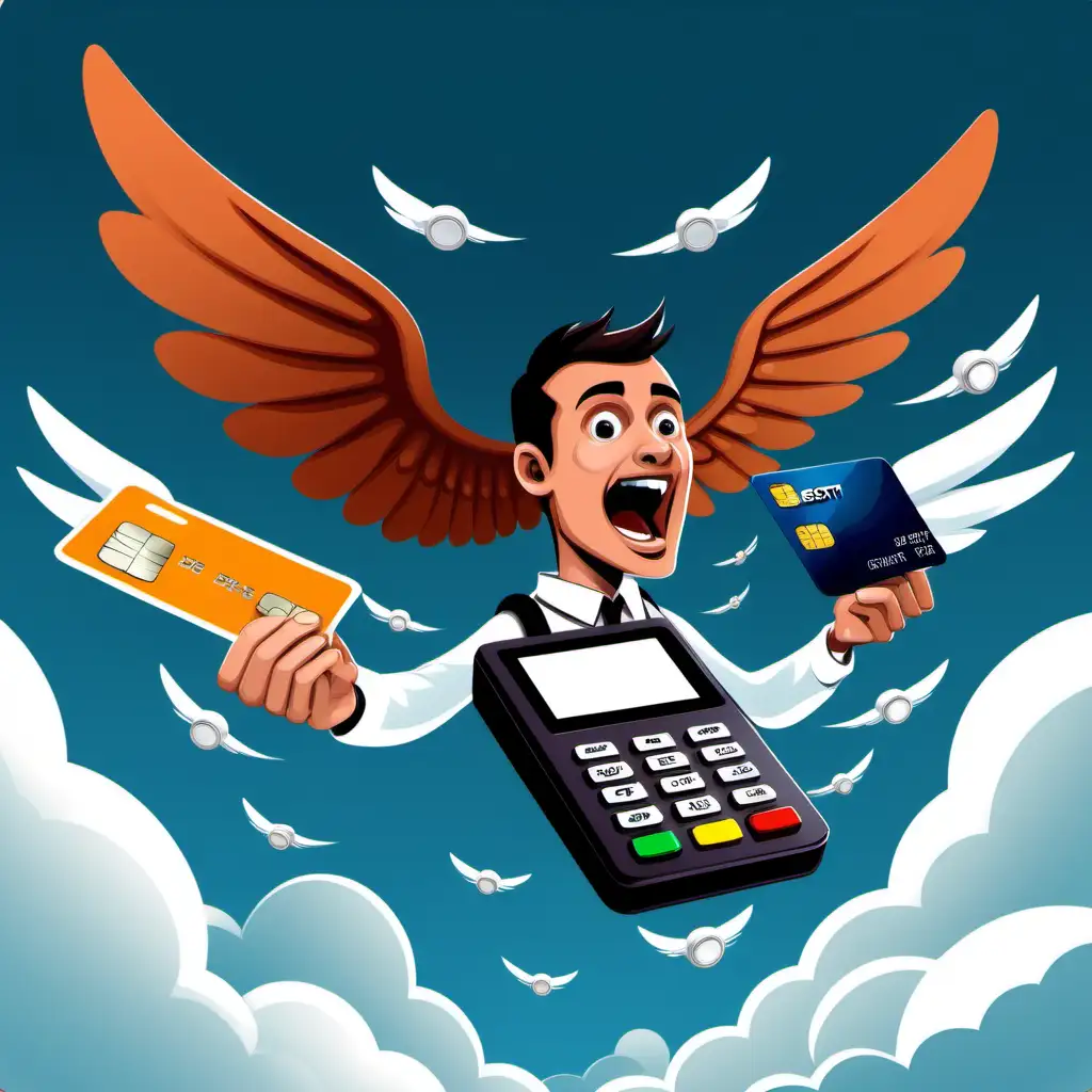 create a card reader payment terminal having wings flying in the sky and holding the credit card in his mouth