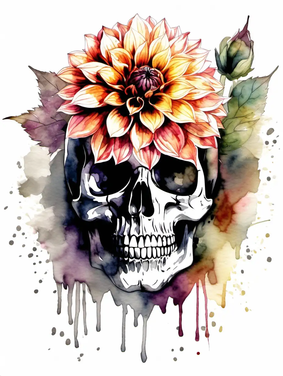 skull with Dahlia in the style of water color, white background