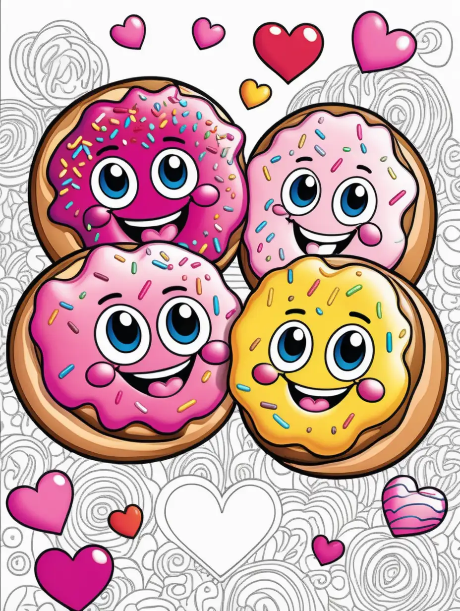  Illustration for kid's coloring book page, with vibrant colors: 2 donuts with smiling faces, san valentines style, sweet, cover book, hardcover, high-resolution, in cartoon style, different colors, for children