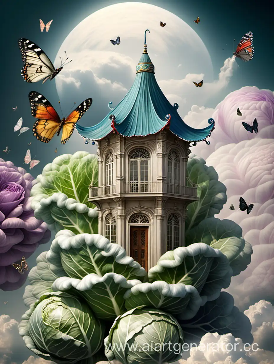 Воздушный дворец в среди капустных облаков маленькая бабочка в углу