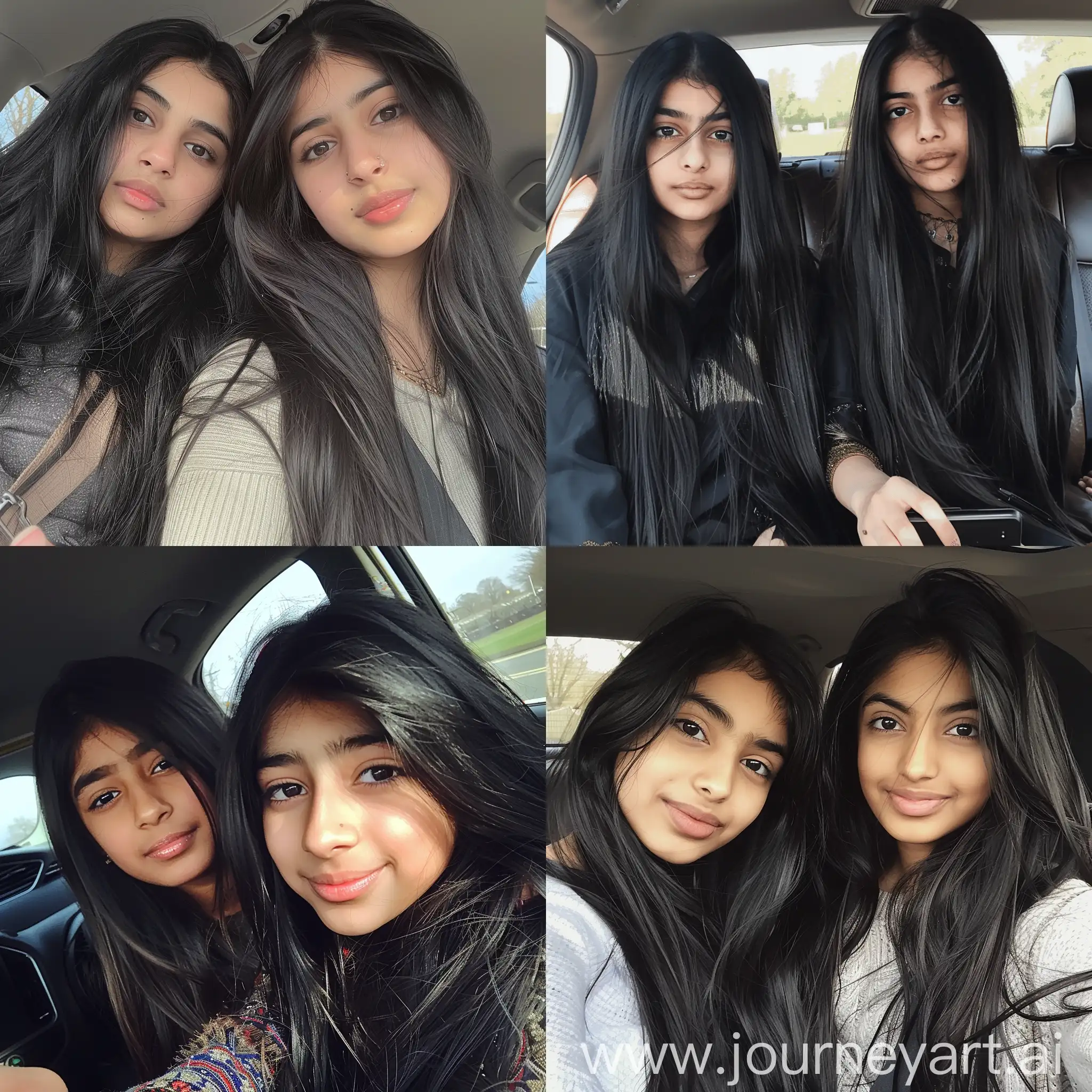 2 british Pakistani girls with long black hair taking selfie in a car --v 6