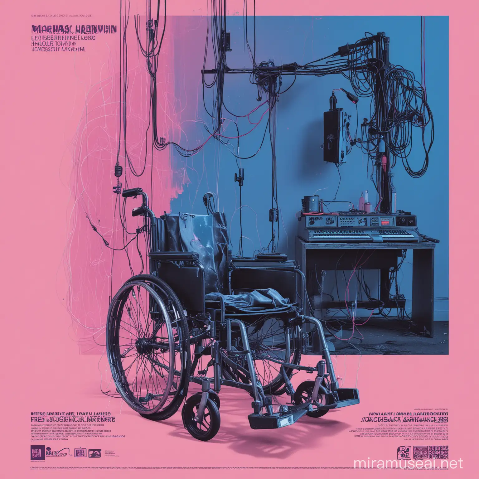 a scruffy sketchy collage style flyer for an electronic music night called 'Machine Learning' - to include an interior view of an abandoned old peoples home with wires hanging from the ceiling, an abandoned wheelchair with a puddle of urine beneath it - all bathed in  blue and pink neon lighting.
