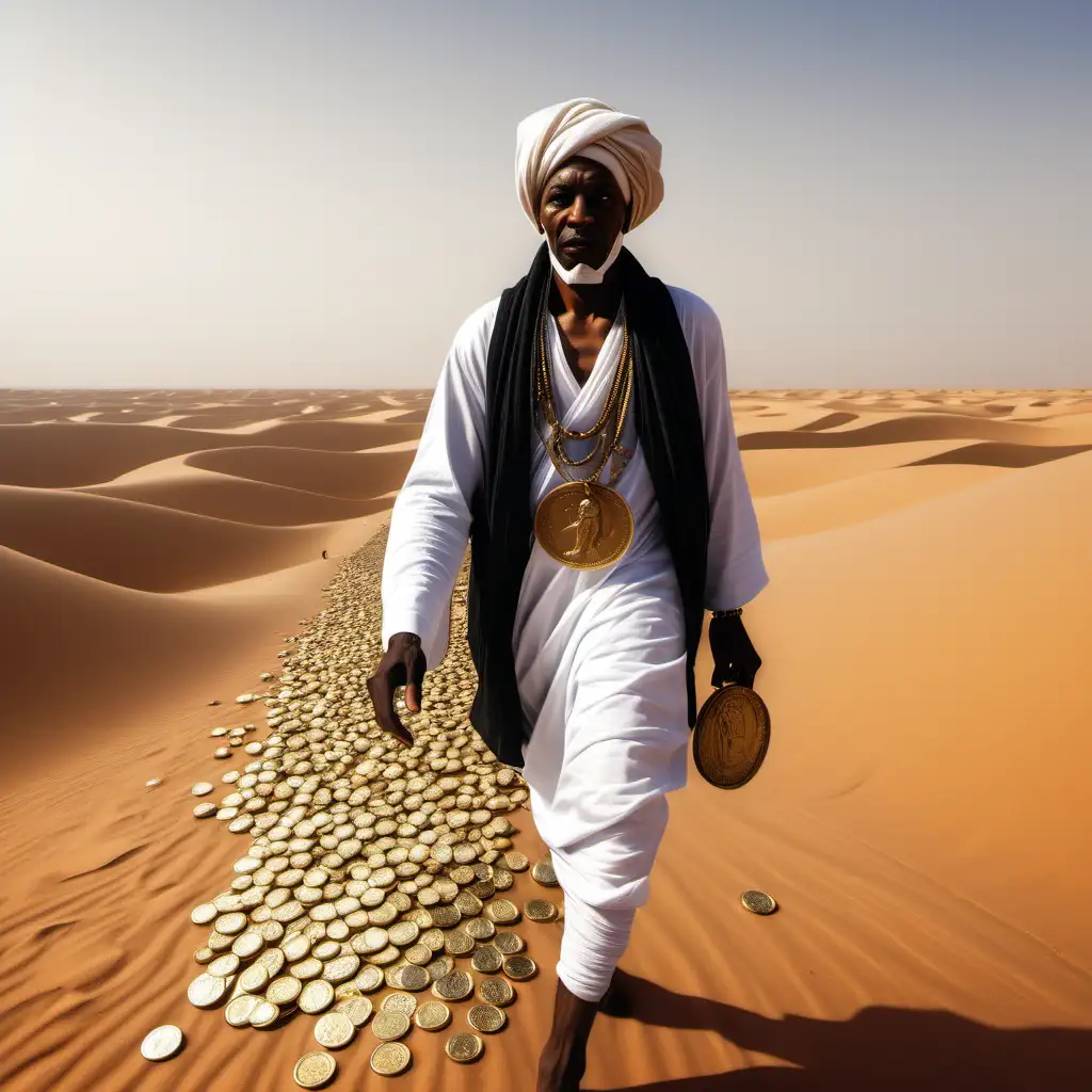 black merchant, in white turban, with gold coins, walking through Sahara desert