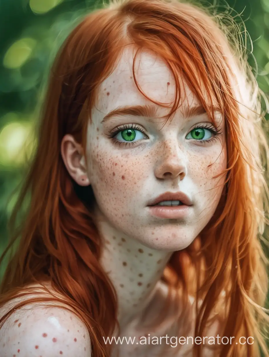 Рыжая с крупными курдрями девушка с крупными рыжими веснушками на лице и теле с зелеными глазами  