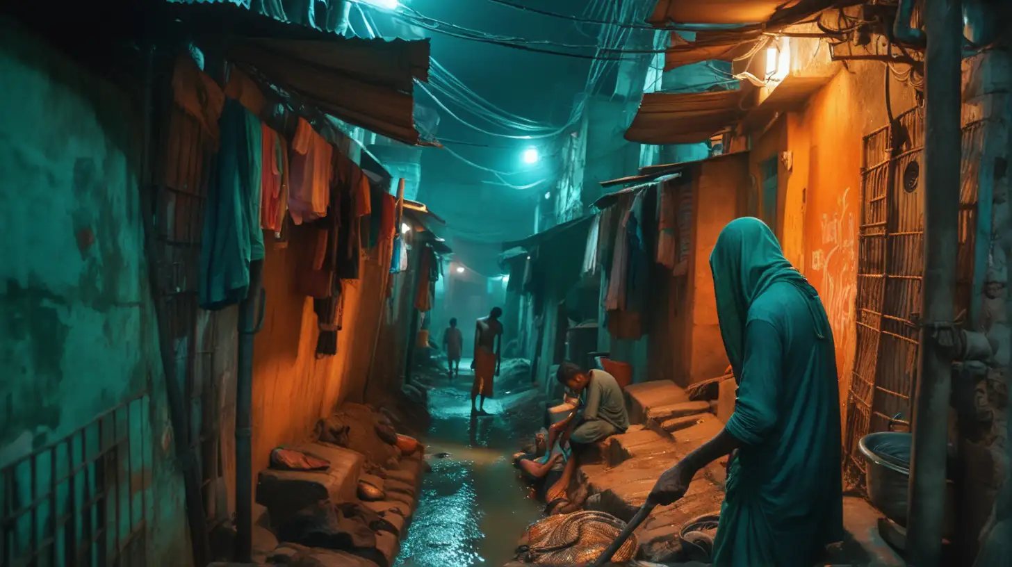 Cinematic Still, Indian Slums, Night Time, Teal and Orange Colour, Sewers, horror, Half Money Half Man creature hiding