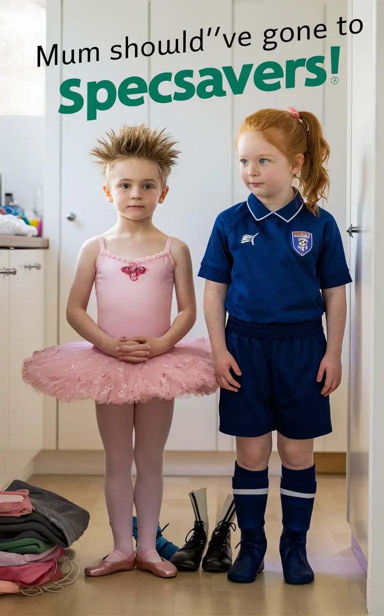 Gender role-reversal, Photograph of two siblings, a cute thin boy age 7 with a cute face and short smart spiky blonde hair is dressed up in a pink ballerina dress with a thick frilly tutu and short frilly pink socks, and a girl age 8 with long ginger hair in a ponytail dressed up in a blue football uniform and football boots, in a bright kitchen next to a small pile of washing, the boy look slightly confused and the girl looks happy, they are looking down at their clothes, adorable, perfect hands, perfect faces, perfect faces, clear faces, perfect eyes, perfect noses, clear eyes, straight noses, smooth skin, the photograph is captioned “Mum Should’ve gone to SpecSavers!” in a green SpecSavers logo