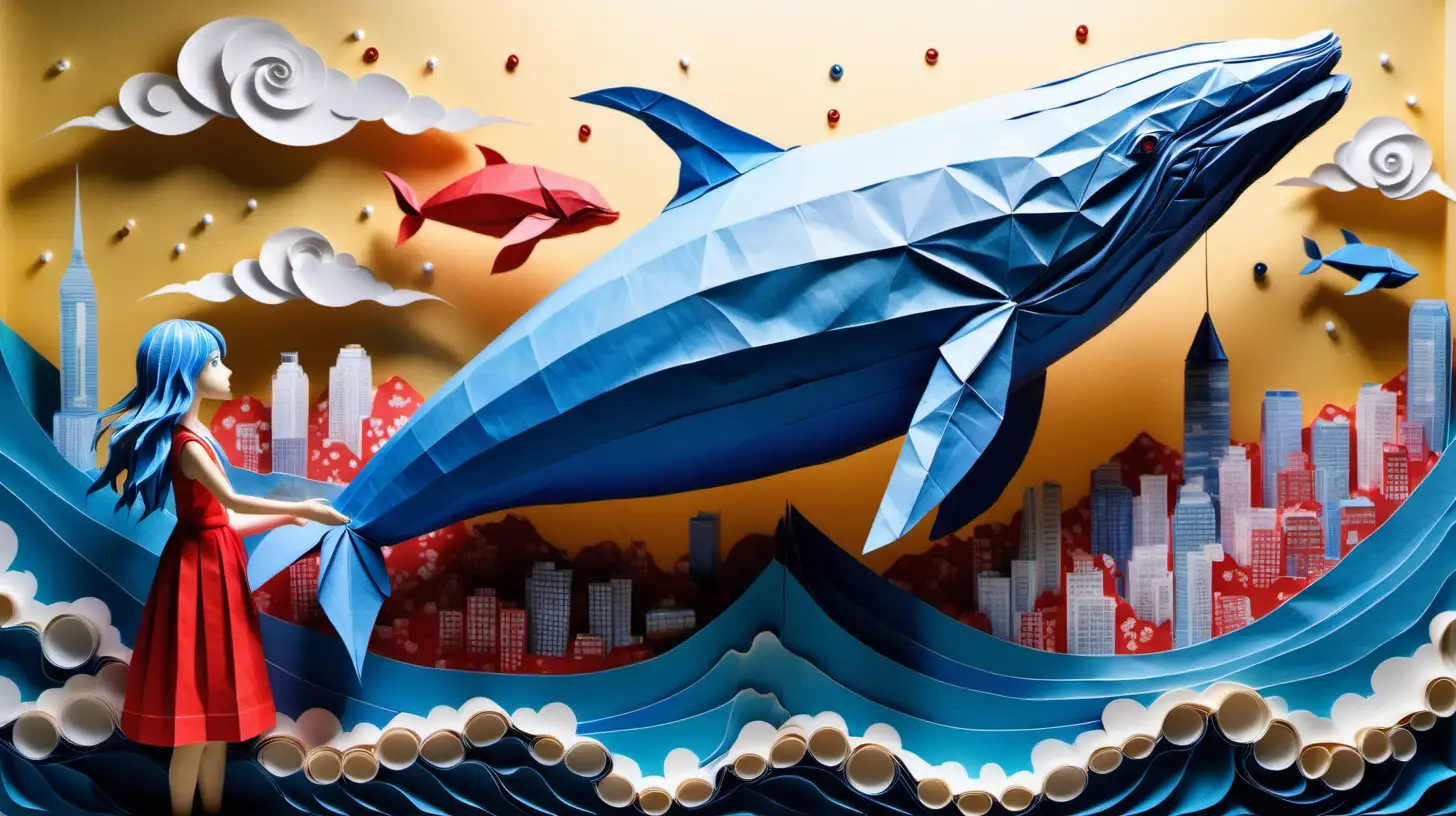 Abstract art paper art origamI DIORAMA, ghibli inspired painting of a beautiful enchanting blue-haired, blue-eyed, 18 YEAR OLD GIRL, playing with a big red whale in tokyo skyline, with clouds like waves and bubbles and sunshine
