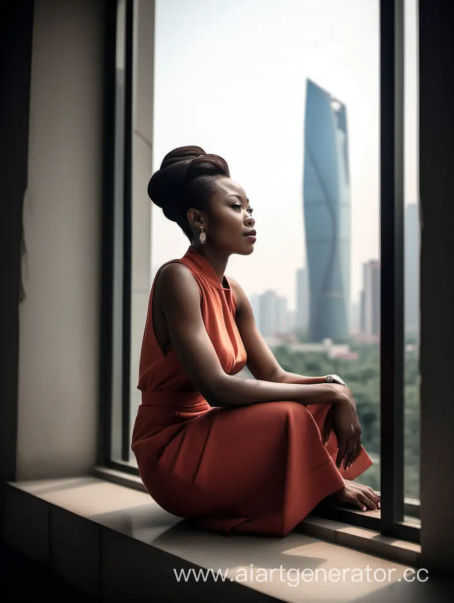  a sophisticated Nigerian woman,  in her mid-thirties, gracefully seated on a window ledge in the heart of Beijing. Capture the essence of her contemplative gaze as she looks out onto the lively streets, with the bustling city life reflecting in her eyes