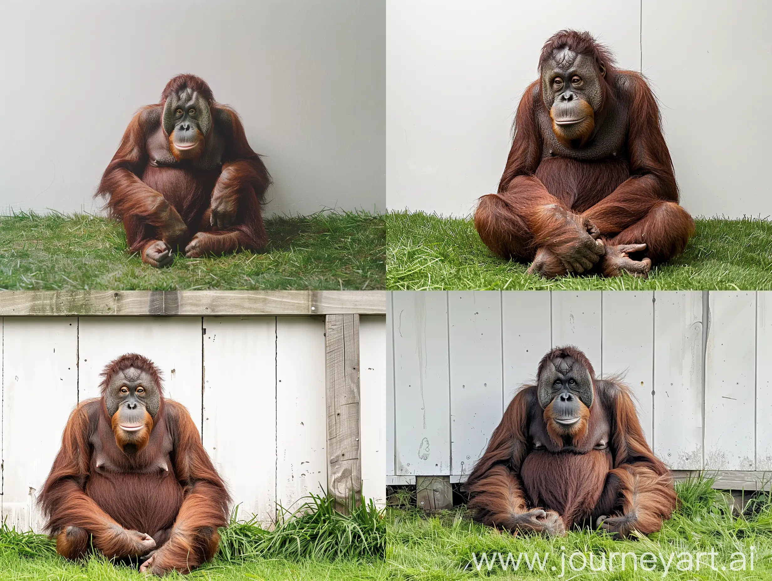 An orangutan sitting on grass in front ofna white wall, hyper-realistic