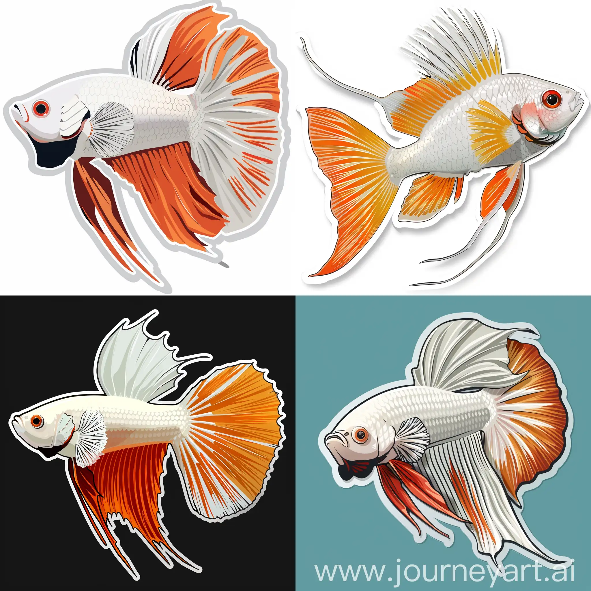 cartoon sticker flat illustration of close up Stereoscopic white and orange long tailed fightingfish,  high quality details