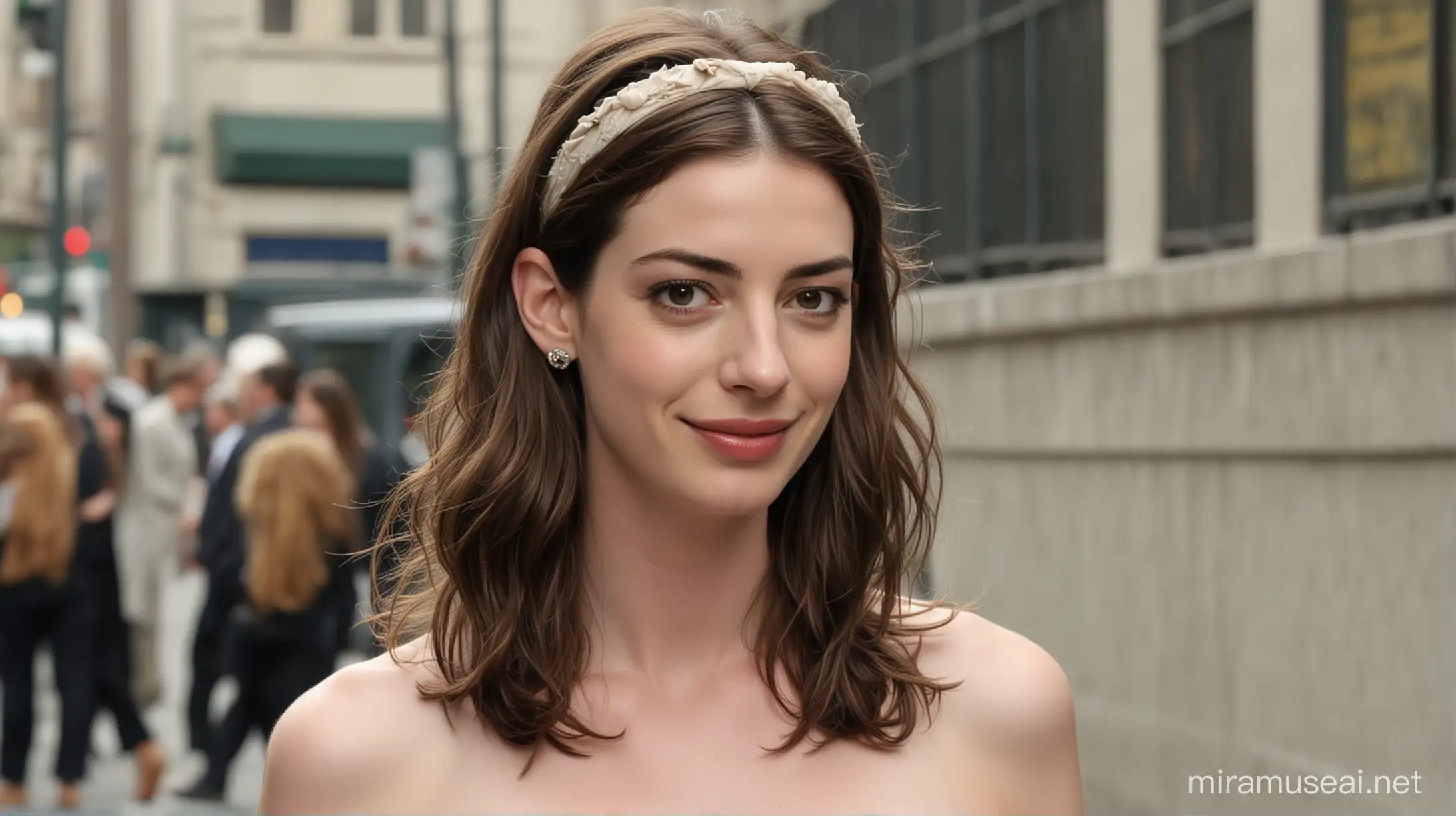 Young Anne Hathaway with Long Wavy Hair and Hairband in Public