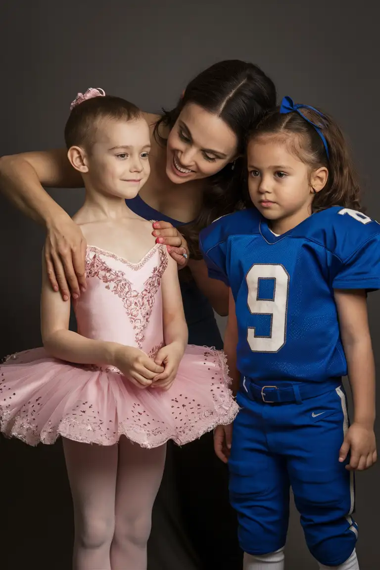 Gender role-reversal, Photograph of a mother dressing her two young sons, a boy age 8, up in pink ballerina dresses and tights, and she is dressing her young daughter, a girl age 9, up in a blue football uniform, adorable, perfect children faces, perfect faces, clear faces, perfect eyes, perfect noses, smooth skin