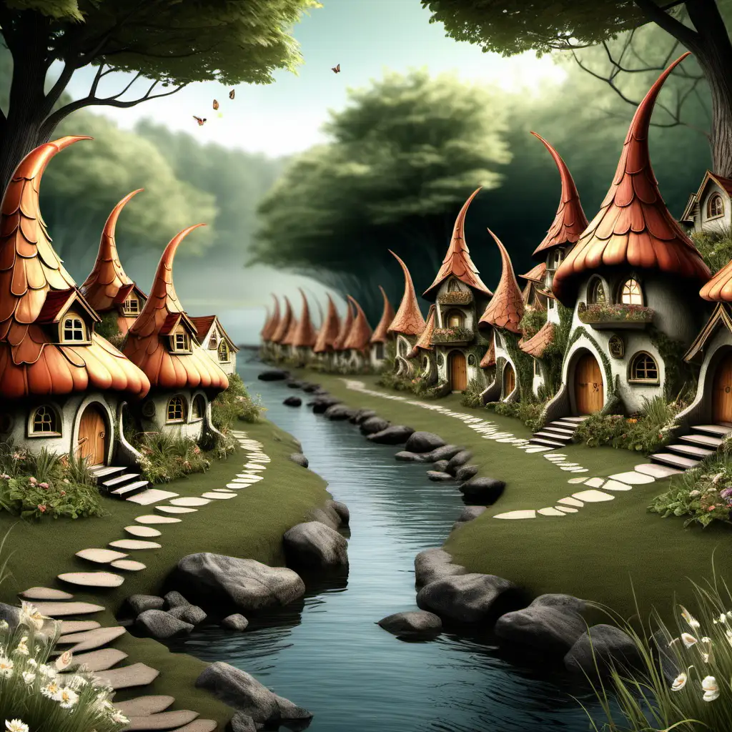 an illustration of faerie houses, fairies sitting nearby a river