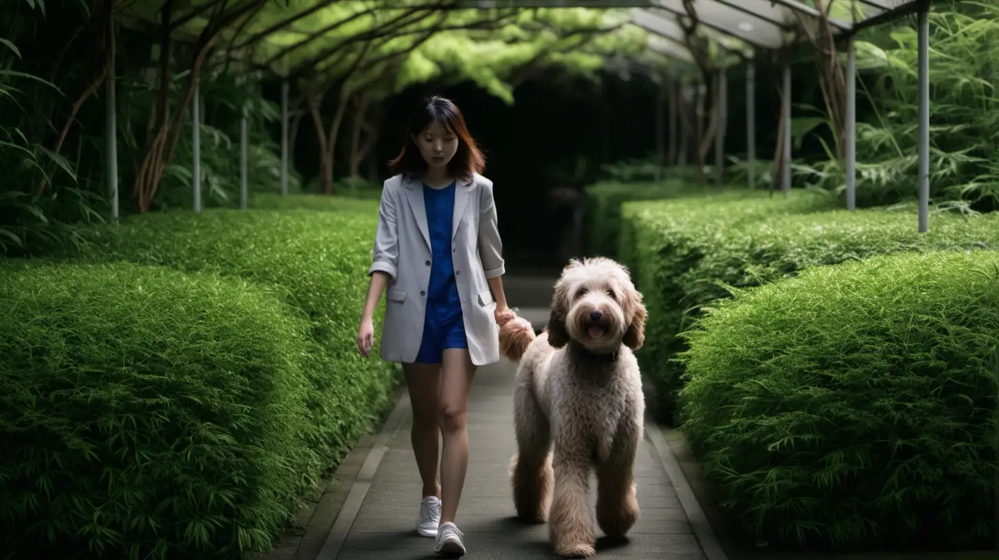 in an overgrown walkway, a Japanese girl walks a labradoodle