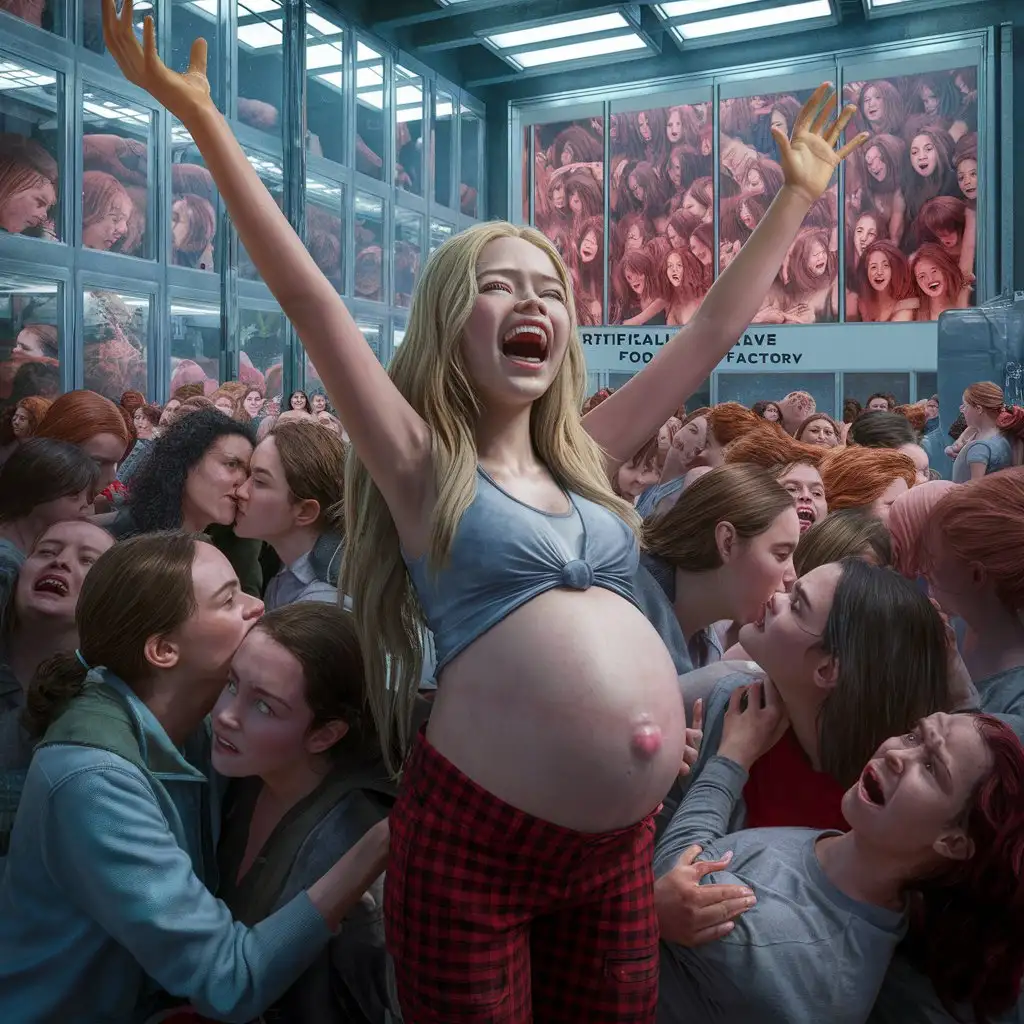 3d ultra realist resolution render, unreal engine render image portrait of blond young twenty girl long hair pregnant painful cry laughing arms up hair body armpits looking giant storage square clear glass of overcrowd redhead young twenty girl kissing screaming crying painful, pancart write "Artificial insemination slave food factory".