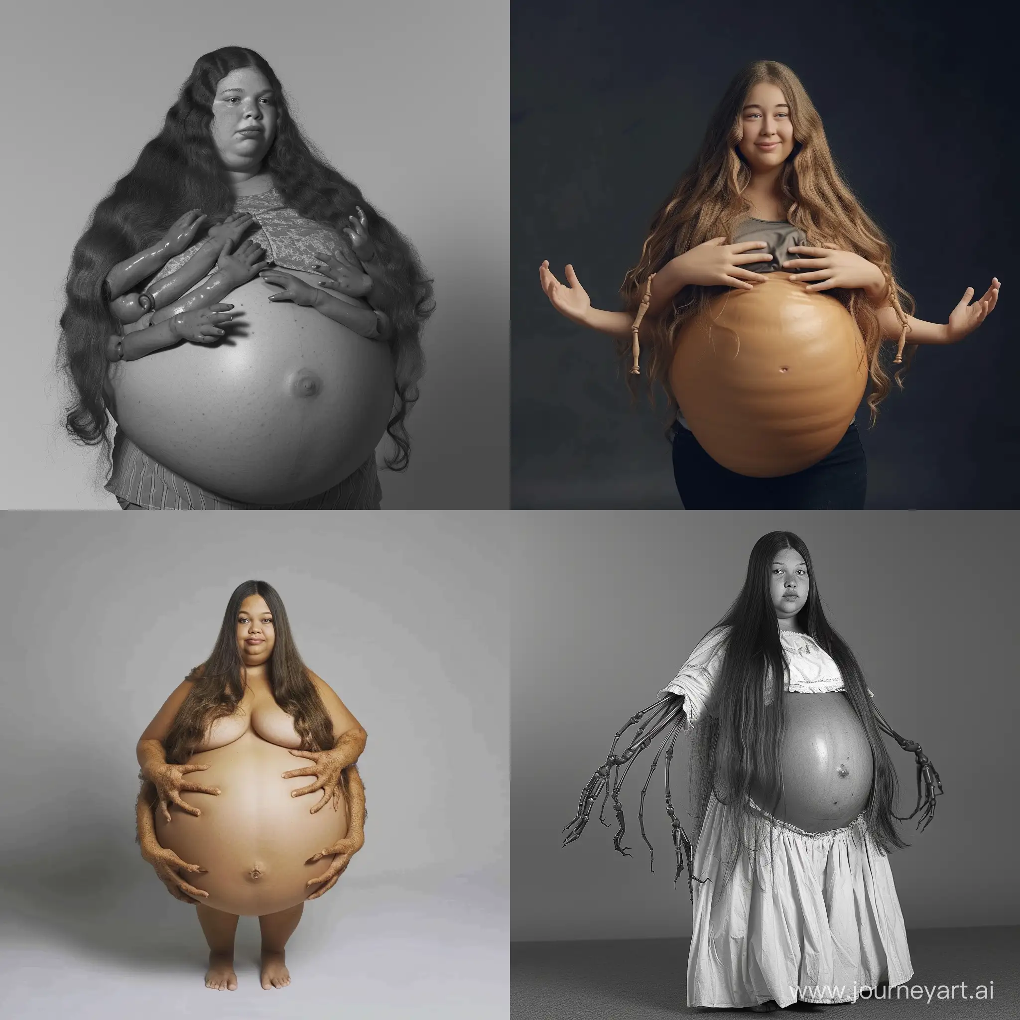 Make a real girl who is fat and has 4 arms sticking out of her belly and long hair
