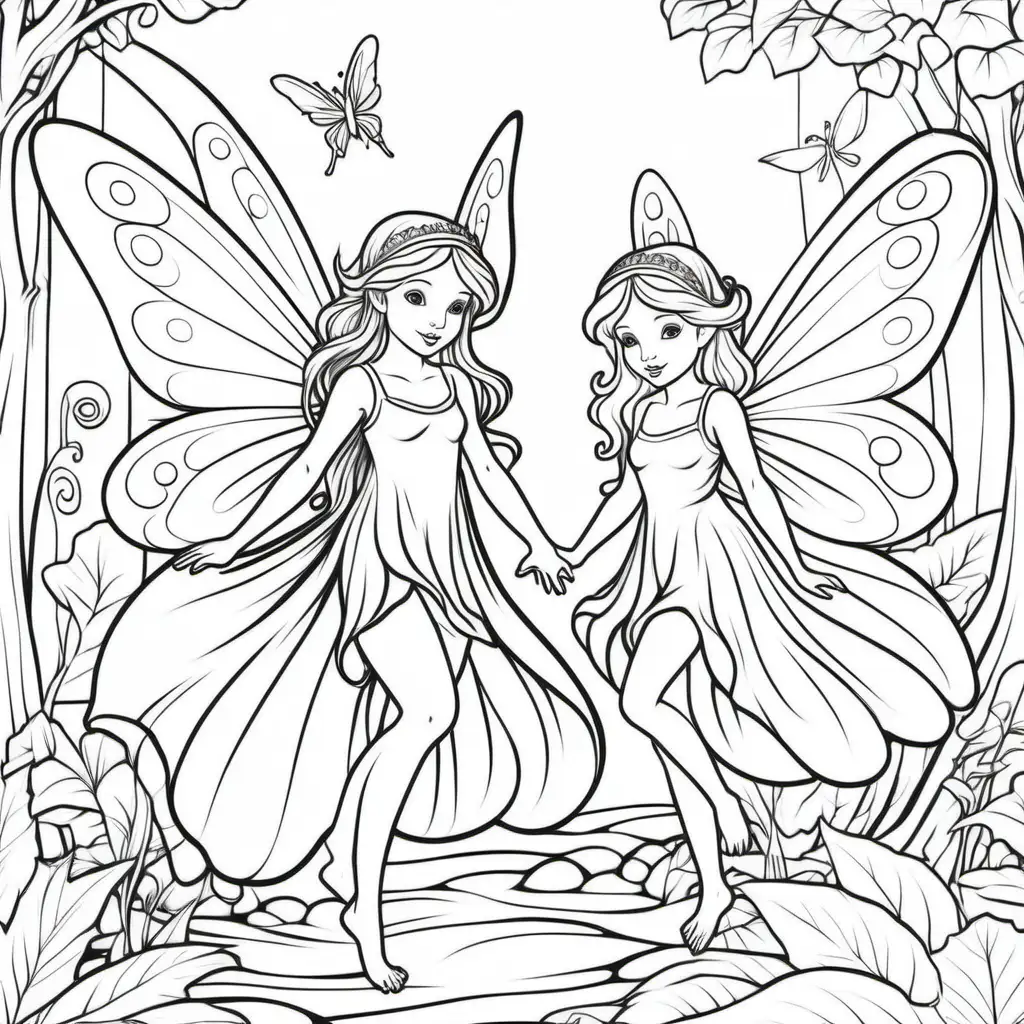 coloring page for kids, fairies, thick lines, low detail, no shading, 