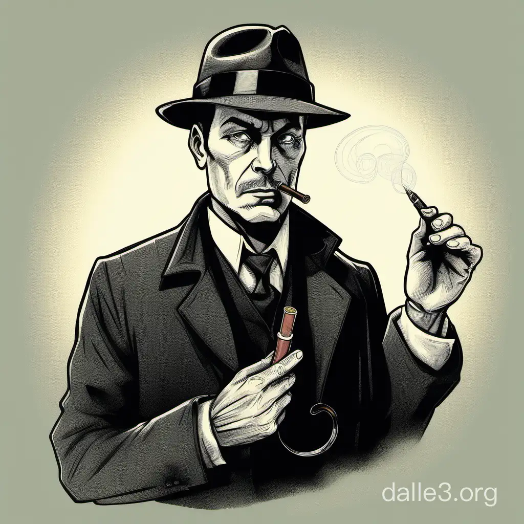 A man in his forties, with a stern expression and a stubble on his chin. He wears a black fedora hat and a long black coat over a white shirt and a black tie. He holds a Retro Vintage Plastic Enchase Smoking Pipe Tobacco Cigarettes Cigar Pipes in his mouth and a magnifying glass in his right hand. He looks like a detective from the US, who is investigating a mysterious case.