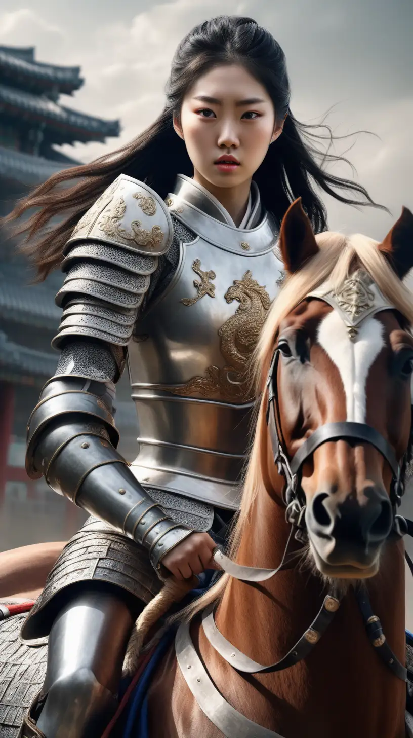 young korean princess, riding horse, wearing armour, sword in hand, open hair, crown, going for a war, fierce look, wide angle view, hyper realistic photorealistic details on skin texture