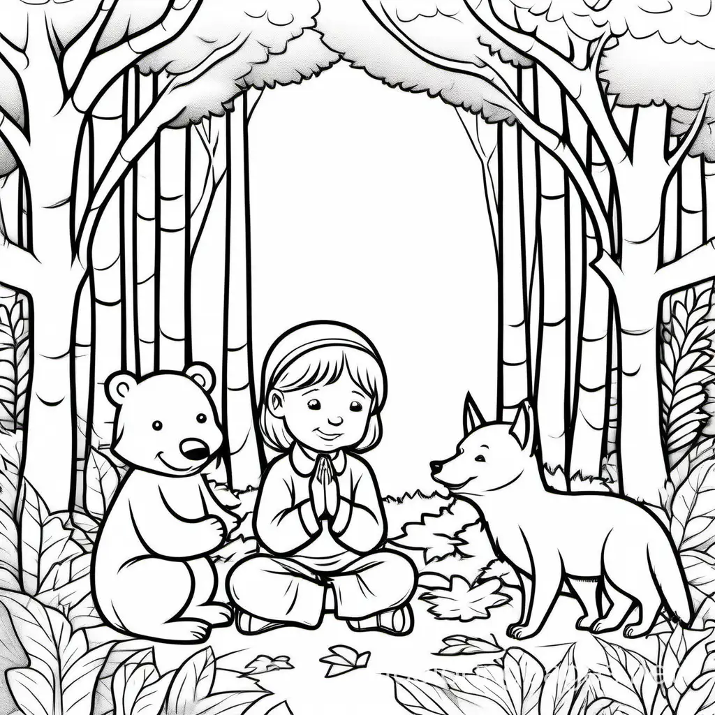 Joyful-Child-Praying-with-Forest-Friends-Coloring-Page